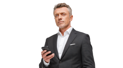 Confident businessman using smartphone, isolated on white background.