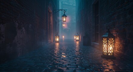 Enchanting Foggy Alley with Illuminated Vintage Lanterns at Dusk - Mystical Urban Night Scene