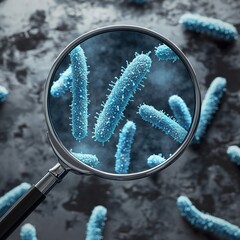 Magnifying glass focuses on microscopic, light blue bacilli