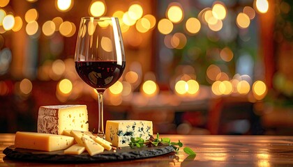 Wine and cheese selection on a dark platter, restaurant ambiance