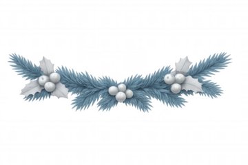 Winter holiday garland with frosty blue pine needles, white holly leaves, and reflective silver berries, ready for design