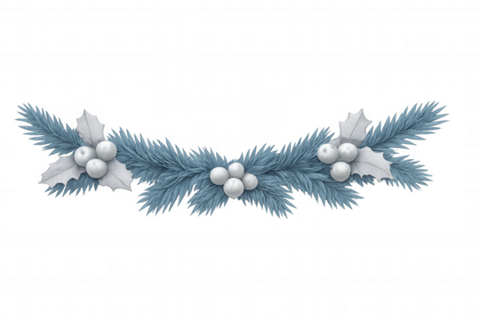 Winter holiday garland with frosty blue pine needles, white holly leaves, and reflective silver berries, ready for design