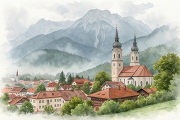 Watercolor painting of a European village nestled in misty mountains