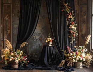Whimsical Dark black curtains classic Wedding maternity engagement studio photo backdrop banner background with delicate red white pampas grass rustic flowers and vase
