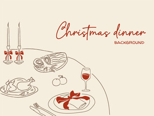 Whimsical doodle style New Year Eve or Christmas dinner party table with festive roast, wine, celebration decor. Hand drawn holiday feast template for invitation, menu, background, banner. Vector.