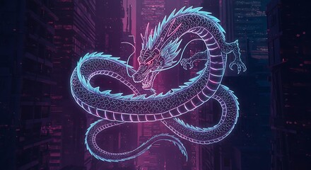 Striking Neon Art Illustration of a Powerful Asian Dragon Glowing with Vibrant Blue and Pink Hues Against a Dark, Futuristic Cityscape Background, Blending Tradition with Modernity.