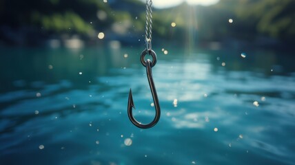 A shiny metal fishing hook hangs suspended above the shimmering blue water, illuminated by sunlight, creating a sense of anticipation and adventure