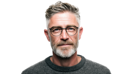 Confident man with glasses and gray hair, wearing a sweater, isolated on white background.