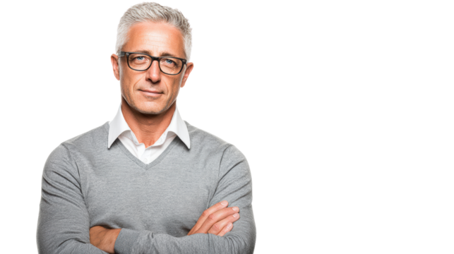Confident middle-aged man with glasses, smiling, wearing gray sweater, arms crossed, isolated on white background.