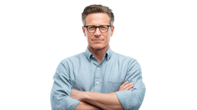 Confident middle-aged man with glasses, arms crossed, white isolate background.