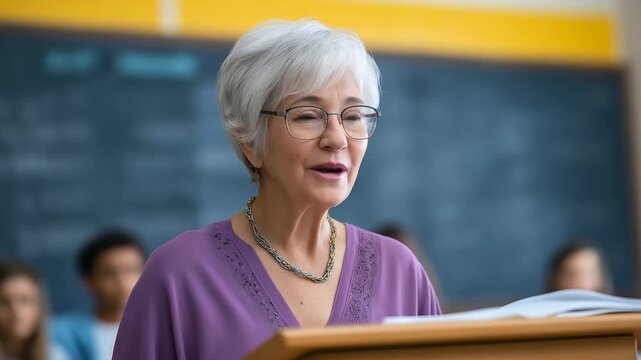 A senior woman standing at a lectern giving a lecture to attentive teenagers classroom filled with warm daylight chalkboard behind her with notes expression animated with