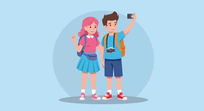 A young cartoon tourist couple with backpacks and a camera taking a selfie with a smartphone.