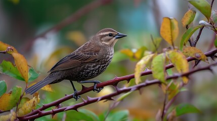 Songbird Perched on Branch with Autumn Foliage