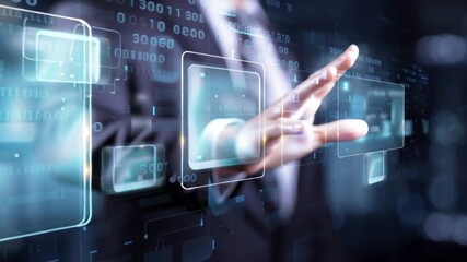Businessman hand touching futuristic digital interface virtual screen technology innovation data analytics cyber network artificial intelligence future concept 4k video - Powered by Adobe
