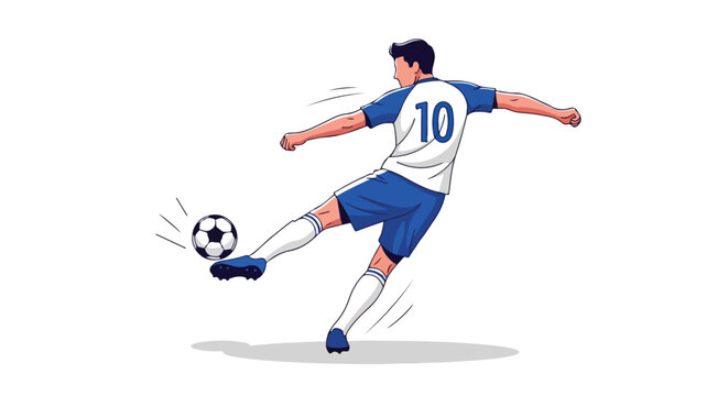 Dynamic illustration featuring a soccer player in mid-kick, showcasing athleticism and power with a crisp white background and streamlined style