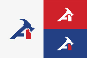 Letter A combined with hammer creative logo design for construction, repair, carpentry, handyman, and industrial branding concepts