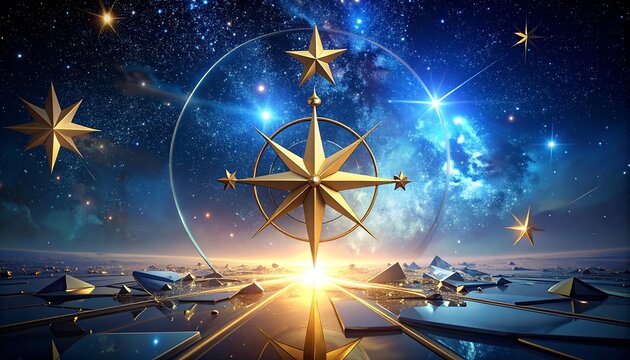 Golden Stars and Compass Rose on a Cosmic Landscape with a Starry Sky.