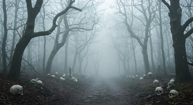 Spooky foggy forest scene with scattered skulls and bare trees