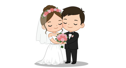 Cute cartoon bride and groom couple in wedding attire embracing lovingly.