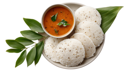Delicious plate of steamed rice cakes with a spicy dip, garnished with fresh herbs.
