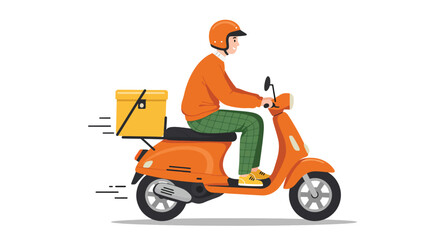 Delivery Person Riding Orange Scooter with Yellow Box. © NFS Studio