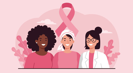 Diverse Women Supporting Breast Cancer Awareness with Pink Ribbon.