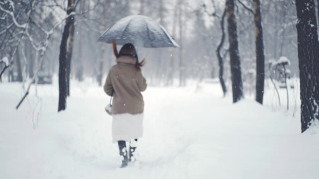 Woman walking with umbrella in snowy winter forest 4k serene landscape cold weather snowfall season peaceful nature travel scene cozy outfit solitude cinematic footage