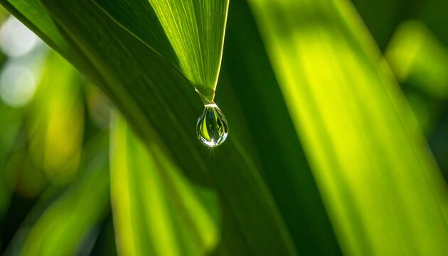 Macro shot of a single water droplet clinging to a vibrant green leaf in sunlight.