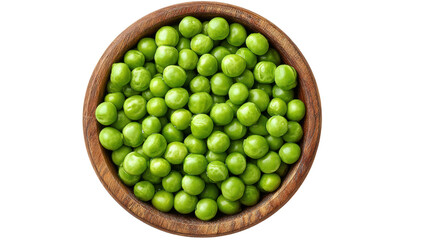 Fresh green peas in a wooden bowl on a white background.