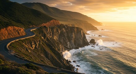 Scenic coastal highway winding along cliffs with ocean waves under a golden sunset sky