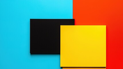 Abstract geometric composition featuring overlapping black and yellow squares against a vibrant blue and red background.