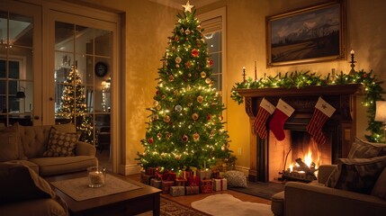 fireplace with christmas decorations,Fireplace with Christmas decorations, cozy mantel adorned with garlands, hanging stockings, twinkling fairy lights, warm glowing fire, festive candles and ornament