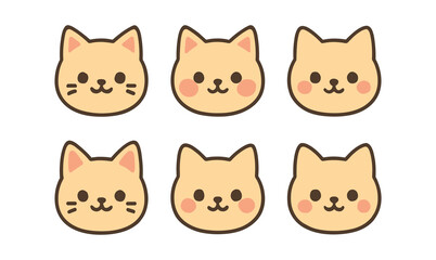 Fototapeta premium Cute kawaii cat faces with whiskers and rounded cheeks in simple cartoon style