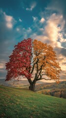 Fototapeta premium A solitary tree with half of its leaves in vibrant autumn red and the other half in golden yellow, standing on a hill against a cloudy sky