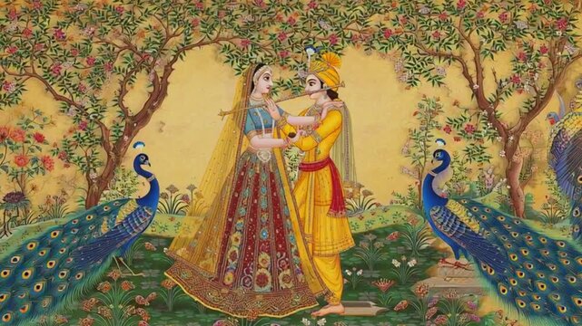 Traditional Indian painting of Radha Krishna with peacocks spiritual love divine romance cultural heritage artwork mythology devotion art history hindu religion mural