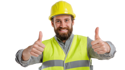 Happy construction worker giving thumbs up, wearing helmet and safety vest, isolated on white background.