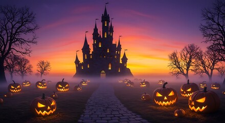Spooky halloween castle at dusk with glowing pumpkins and dramatic sky