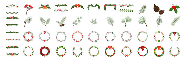 Christmas wreaths and branches decoration set