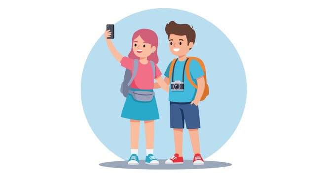 Happy young couple tourists taking a selfie with smartphone and backpacks.