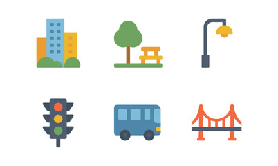 Fototapeta premium Urban elements icon set: buildings, nature, transport, and infrastructure in flat design
