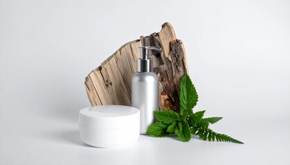 Natural cosmetic products silver pump bottle white jar wood and green leaves.