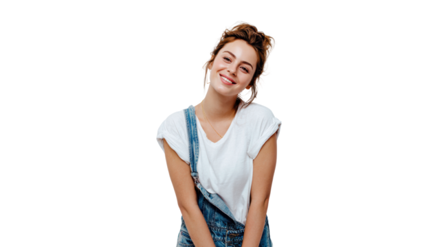 Happy young woman smiling while looking at the camera, wearing casual clothes, white isolated background.