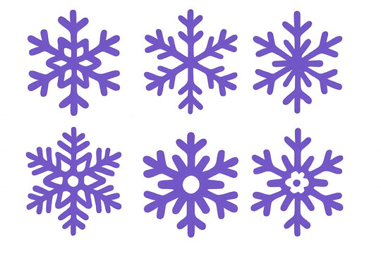 Six purple winter snowflakes set — decorative crystal motifs on transparent background, isolated festive seasonal vector icons
