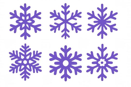 Six purple winter snowflakes set — decorative crystal motifs on transparent background, isolated festive seasonal vector icons