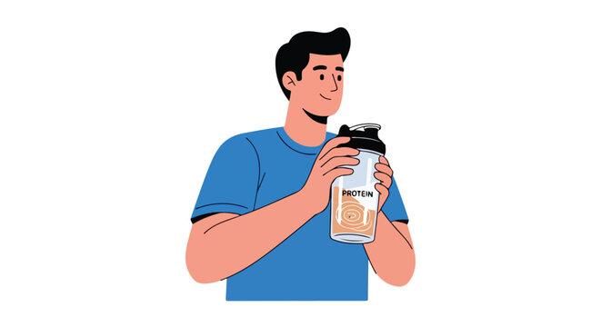 Man enthusiastically prepares his protein shake, promoting fitness and a healthy lifestyle routine for a successful workout session providing
