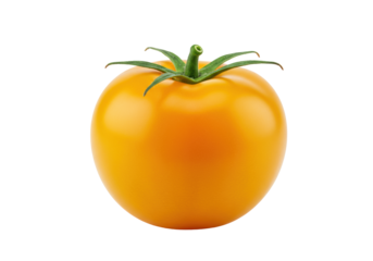 A single, perfectly ripe, vibrant sunny yellow tomato with fresh green stem and calyx, in sharp focus against a transparent background with copy space, concept of organic freshness and healthy eating