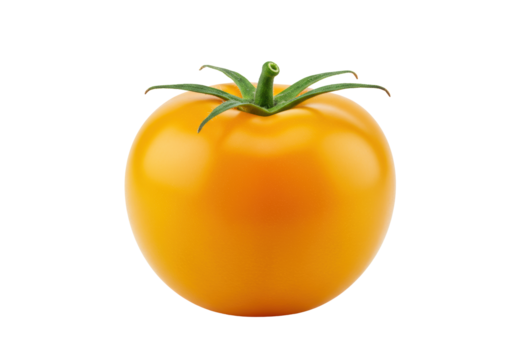 A single, perfectly ripe, vibrant sunny yellow tomato with fresh green stem and calyx, in sharp focus against a transparent background with copy space, concept of organic freshness and healthy eating