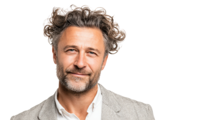 Man with curly hair, wearing a blazer, smiling against a white isolated background.