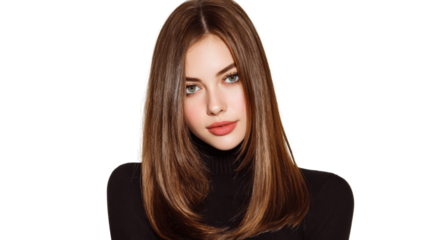 Portrait of a young woman with long brown hair, wearing a black turtleneck, against a white background.