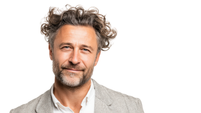 Man with curly hair, wearing a blazer, smiling against a white isolated background. - Powered by Adobe